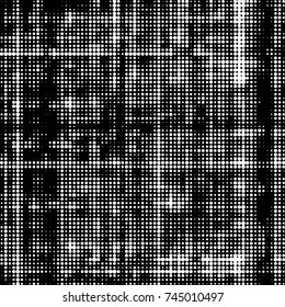 Abstract grunge grid polka dot halftone background pattern. Spotted black and white vector line illustration