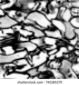 Abstract grunge grid polka dot halftone background pattern. Spotted black and white vector line illustration