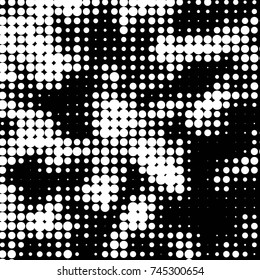 Abstract grunge grid polka dot halftone background pattern. Spotted black and white vector line illustration