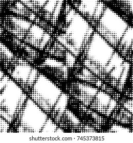 Abstract grunge grid polka dot halftone background pattern. Spotted black and white vector line illustration