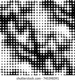 Abstract grunge grid polka dot halftone background pattern. Spotted black and white vector line illustration