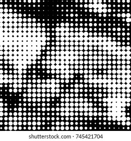 Abstract grunge grid polka dot halftone background pattern. Spotted black and white vector line illustration