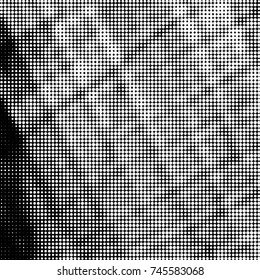 Abstract grunge grid polka dot halftone background pattern. Spotted black and white vector line illustration