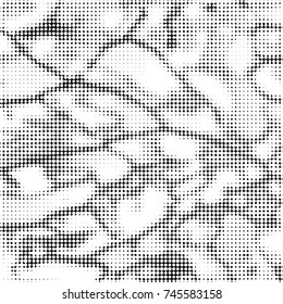 Abstract grunge grid polka dot halftone background pattern. Spotted black and white vector line illustration