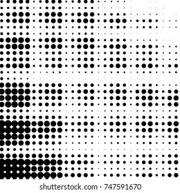 Abstract grunge grid polka dot halftone background pattern. Spotted black and white vector line illustration