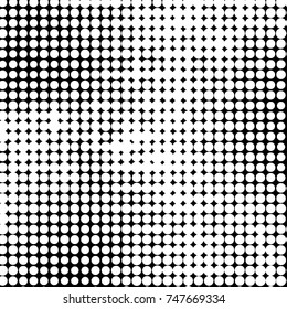 Abstract grunge grid polka dot halftone background pattern. Spotted black and white vector line illustration