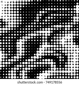 Abstract grunge grid polka dot halftone background pattern. Spotted black and white vector line illustration