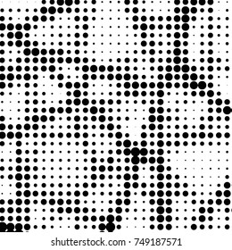 Abstract grunge grid polka dot halftone background pattern. Spotted black and white vector line illustration