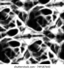 Abstract grunge grid polka dot halftone background pattern. Spotted black and white vector line illustration