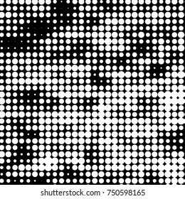 Abstract grunge grid polka dot halftone background pattern. Spotted black and white vector line illustration