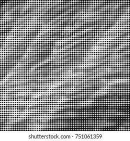 Abstract grunge grid polka dot halftone background pattern. Spotted black and white vector line illustration
