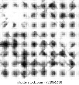 Abstract grunge grid polka dot halftone background pattern. Spotted black and white vector line illustration
