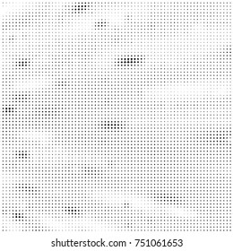 Abstract grunge grid polka dot halftone background pattern. Spotted black and white vector line illustration