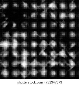 Abstract grunge grid polka dot halftone background pattern. Spotted black and white vector line illustration