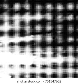 Abstract grunge grid polka dot halftone background pattern. Spotted black and white vector line illustration