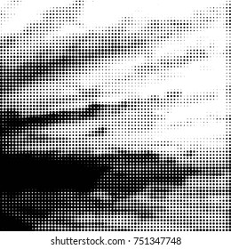 Abstract grunge grid polka dot halftone background pattern. Spotted black and white vector line illustration