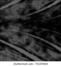 Abstract grunge grid polka dot halftone background pattern. Spotted black and white vector line illustration