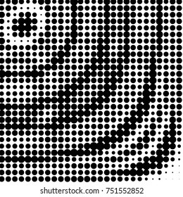 Abstract grunge grid polka dot halftone background pattern. Spotted black and white vector line illustration