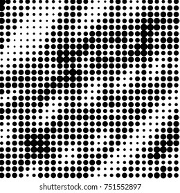 Abstract grunge grid polka dot halftone background pattern. Spotted black and white vector line illustration
