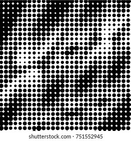 Abstract grunge grid polka dot halftone background pattern. Spotted black and white vector line illustration