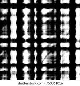 Abstract grunge grid polka dot halftone background pattern. Spotted black and white vector line illustration
