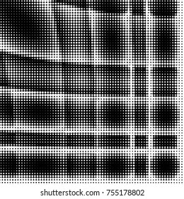 Abstract grunge grid polka dot halftone background pattern. Spotted black and white vector line illustration