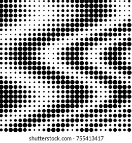 Abstract grunge grid polka dot halftone background pattern. Spotted black and white vector line illustration