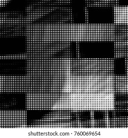 Abstract grunge grid polka dot halftone background pattern. Spotted black and white vector line illustration
