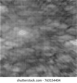Abstract grunge grid polka dot halftone background pattern. Spotted black and white vector line illustration
