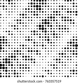 Abstract grunge grid polka dot halftone background pattern. Spotted black and white vector line illustration