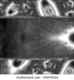 Abstract grunge grid polka dot halftone background pattern. Spotted black and white vector line illustration