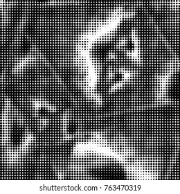 Abstract grunge grid polka dot halftone background pattern. Spotted black and white vector line illustration