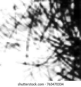 Abstract grunge grid polka dot halftone background pattern. Spotted black and white vector line illustration