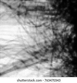 Abstract grunge grid polka dot halftone background pattern. Spotted black and white vector line illustration