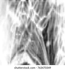 Abstract grunge grid polka dot halftone background pattern. Spotted black and white vector line illustration