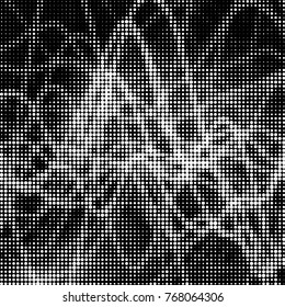 Abstract grunge grid polka dot halftone background pattern. Spotted black and white vector line illustration
