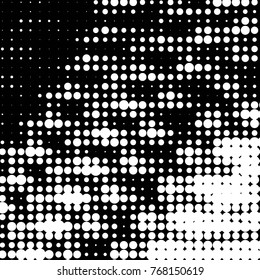 Abstract grunge grid polka dot halftone background pattern. Spotted black and white vector line illustration
