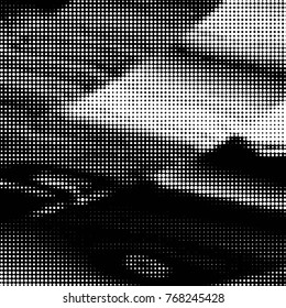 Abstract grunge grid polka dot halftone background pattern. Spotted black and white vector line illustration
