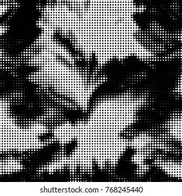 Abstract grunge grid polka dot halftone background pattern. Spotted black and white vector line illustration
