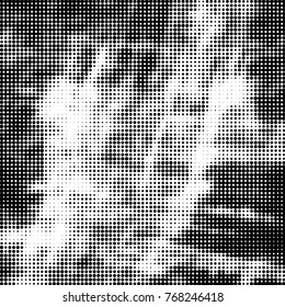 Abstract grunge grid polka dot halftone background pattern. Spotted black and white vector line illustration

