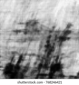 Abstract grunge grid polka dot halftone background pattern. Spotted black and white vector line illustration
