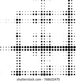 Abstract grunge grid polka dot halftone background pattern. Spotted black and white vector line illustration
