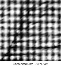 Abstract grunge grid polka dot halftone background pattern. Spotted black and white vector line illustration
