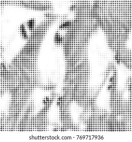 Abstract grunge grid polka dot halftone background pattern. Spotted black and white vector line illustration
