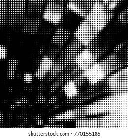 Abstract grunge grid polka dot halftone background pattern. Spotted black and white vector line illustration

