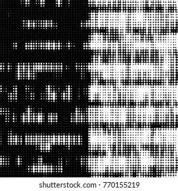 Abstract grunge grid polka dot halftone background pattern. Spotted black and white vector line illustration
