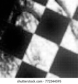 Abstract grunge grid polka dot halftone background pattern. Spotted black and white vector line illustration

