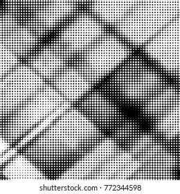 Abstract grunge grid polka dot halftone background pattern. Spotted black and white vector line illustration

