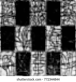 Abstract grunge grid polka dot halftone background pattern. Spotted black and white vector line illustration
