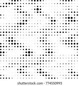 Abstract grunge grid polka dot halftone background pattern. Spotted black and white vector line illustration
